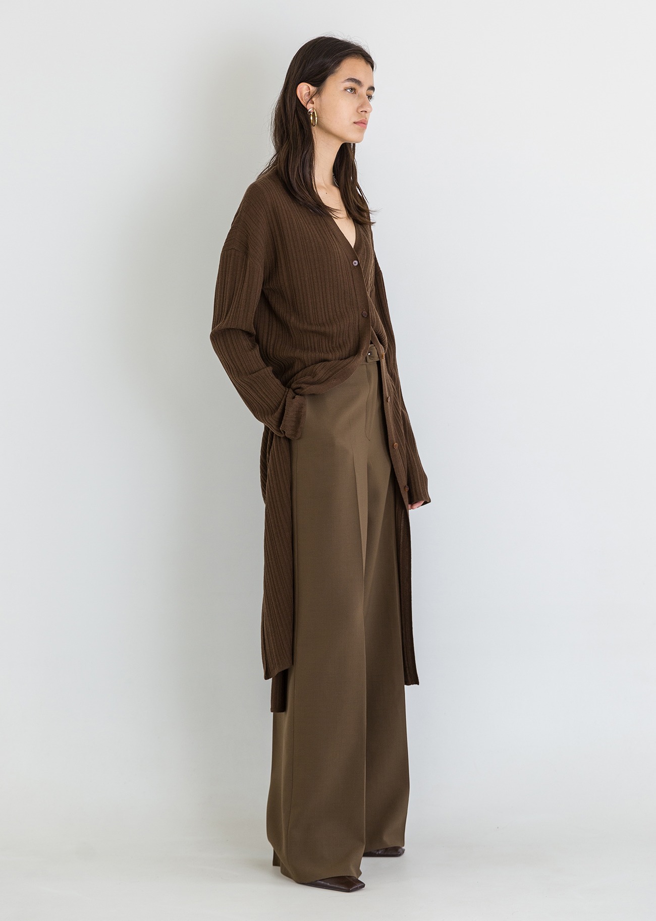 Belt highrised wool-blend wide pants - Brown