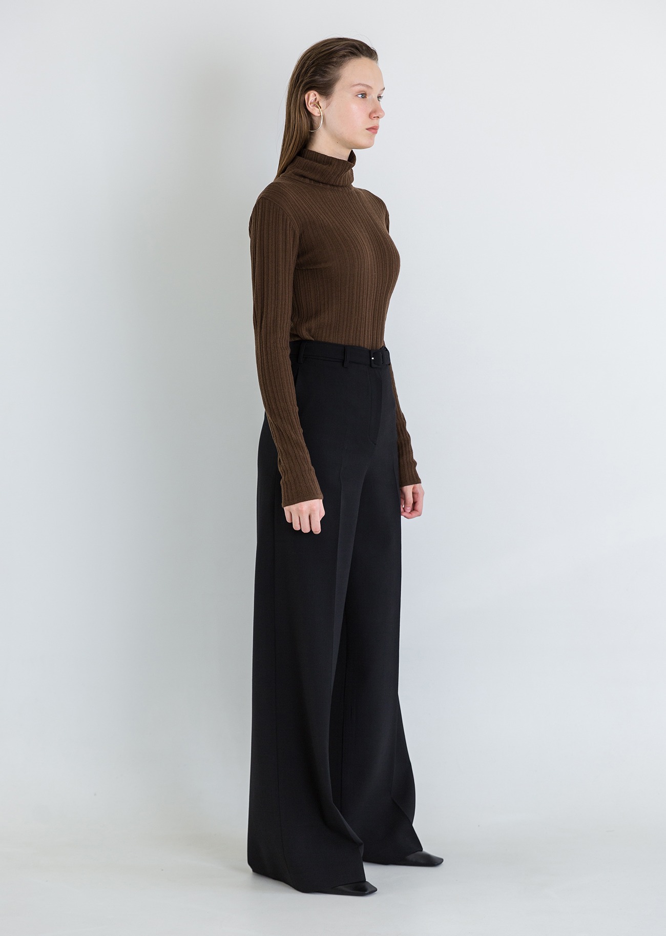 Belt highrised wool-blend wide pants - Black