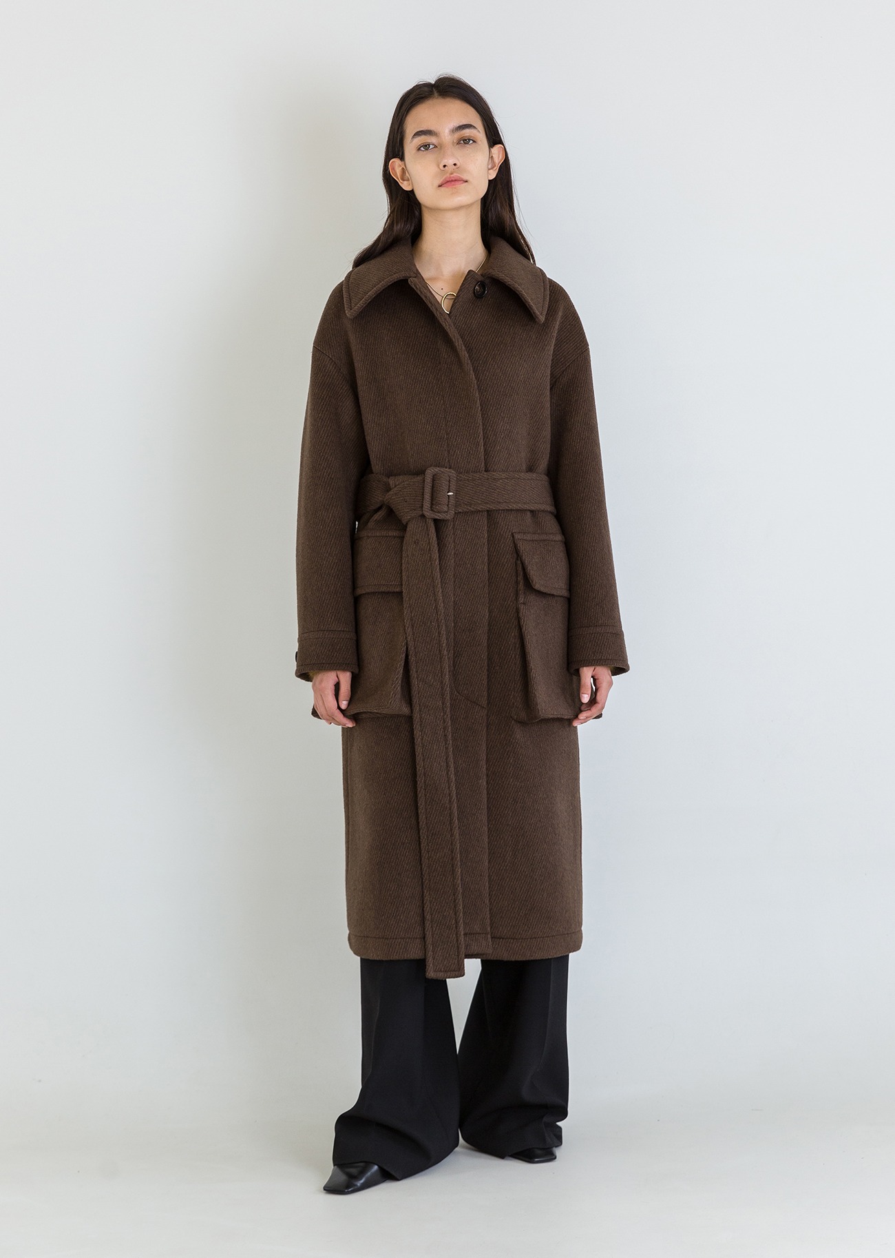 Wool-twill belted coat - Brown