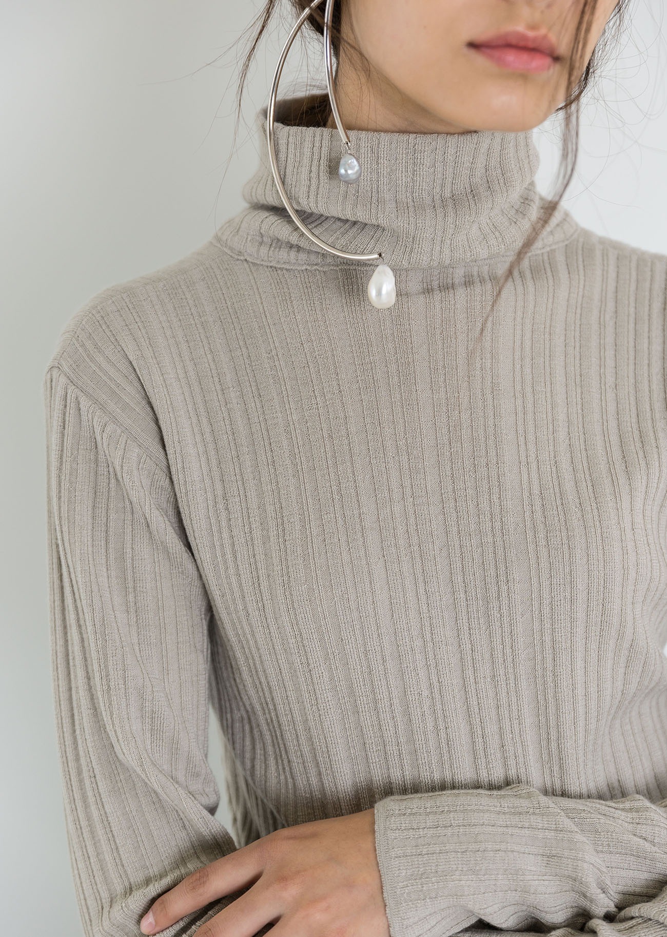 Ribbed roll neck cashmere-blend knit top - Cement Grey