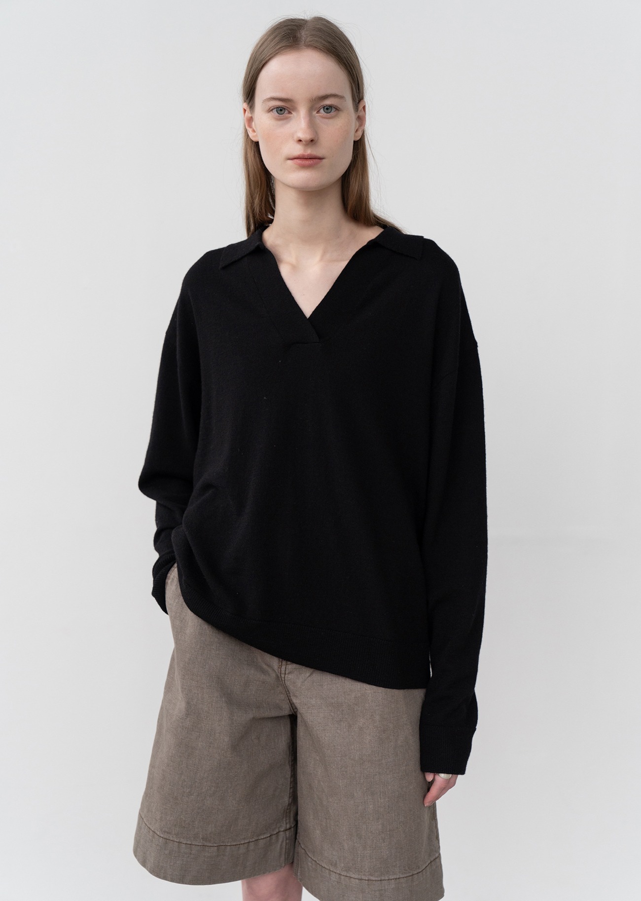 V-neck Collar Cashmere blended Knit Sweater - Black