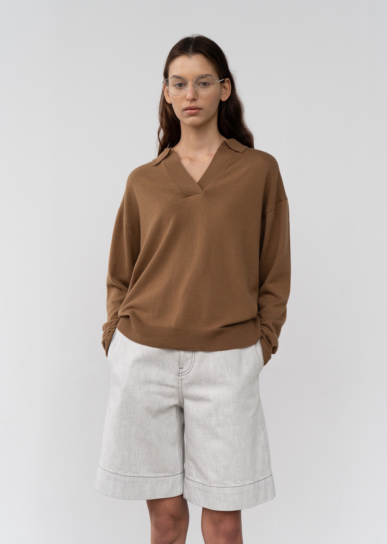 V-neck Collar Cashmere blended Knit Sweater - Camel