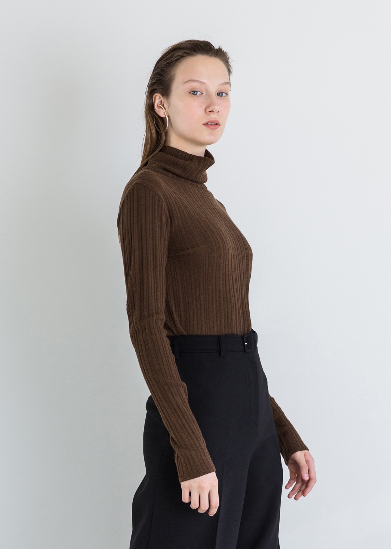 Ribbed roll neck cashmere-blend knit top - Chocolate