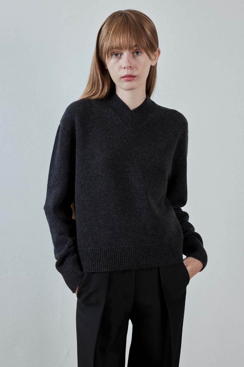 V-Neck Cashmere Blended Knit Sweater - Charcoal