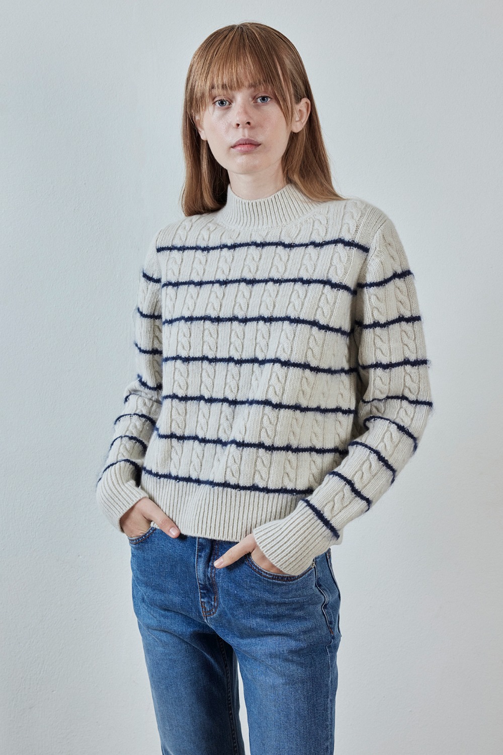 Cable Stripe Cashmere Blended Knit Sweater - Oatmeal Navy