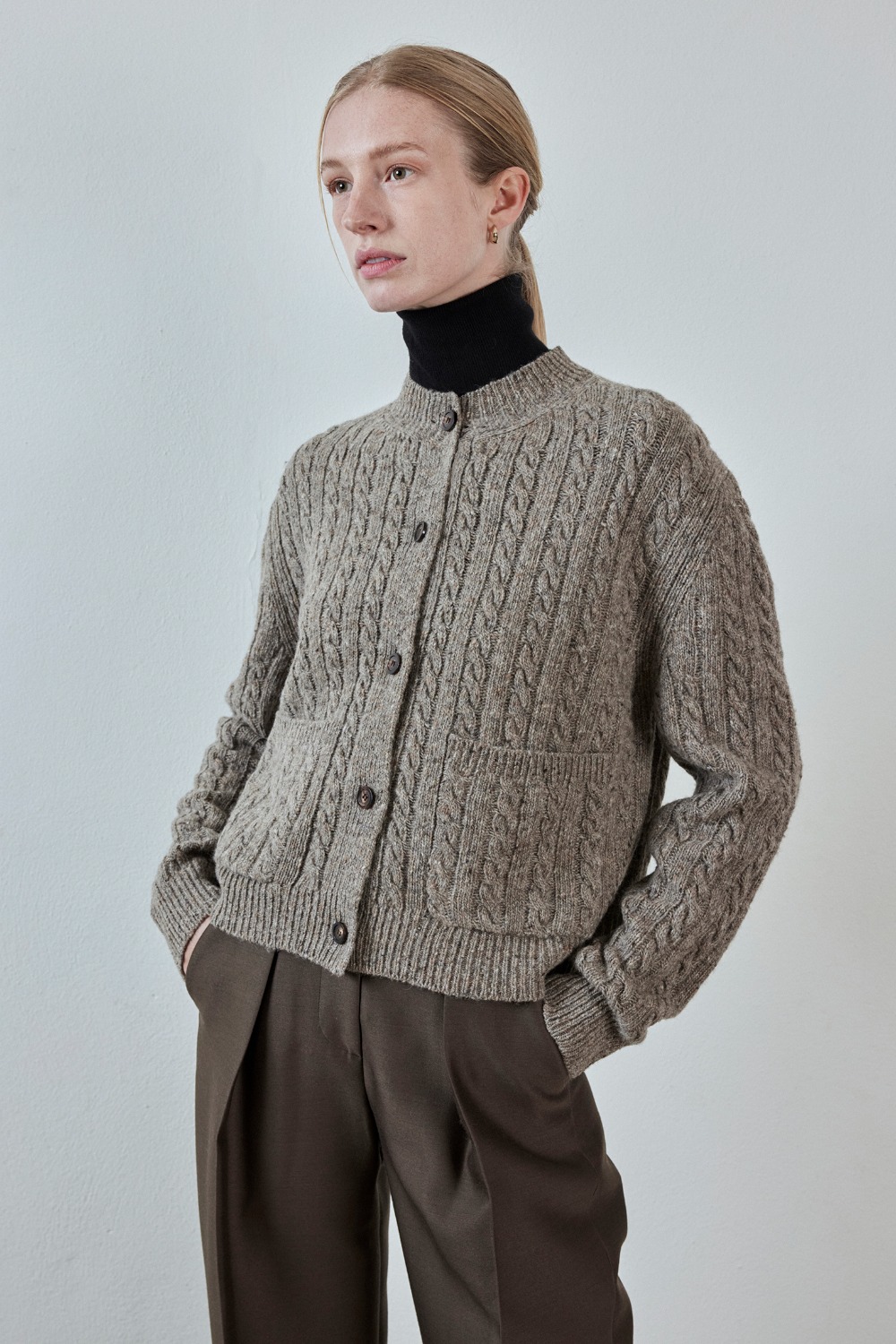 Italian Merino Wool Cable Knit Cardigan - Mixed Brown