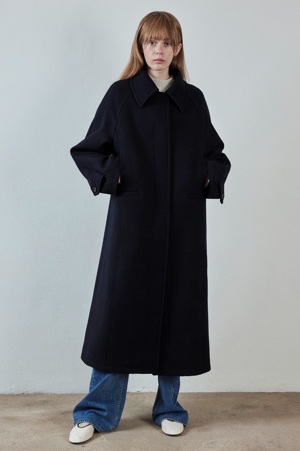 [3차 입고] Maxi Pure Wool Balmacaan Coat - Dark Navy