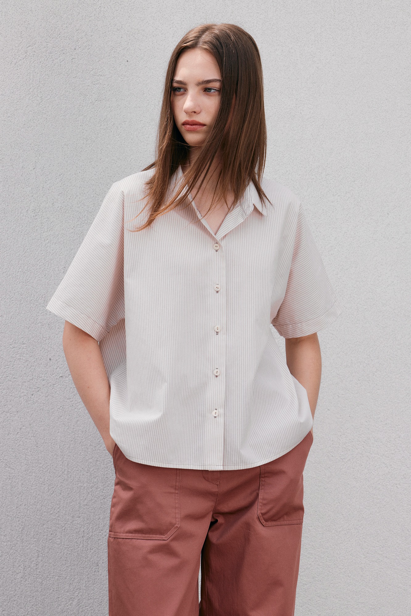 Cotton Half Shirts by Japanese Fabric - Pink-Brown Stripe