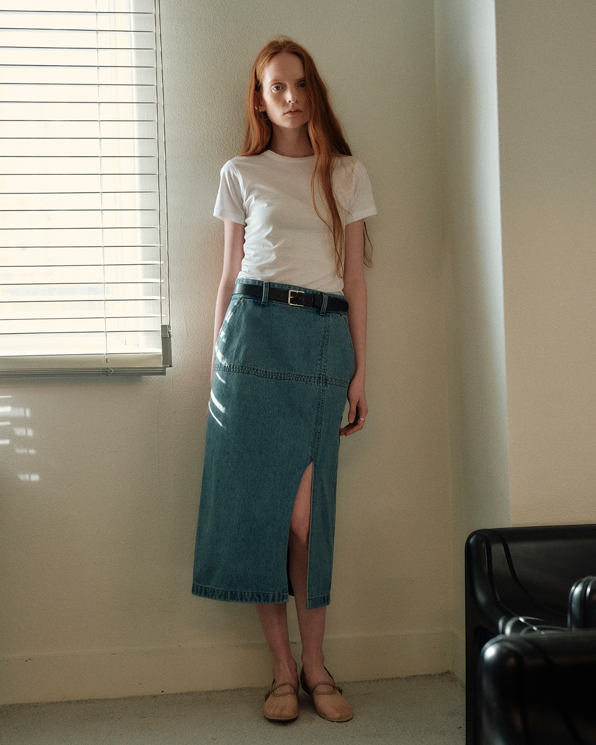 Slit Denim Midi Skirt - Vintage Indigo